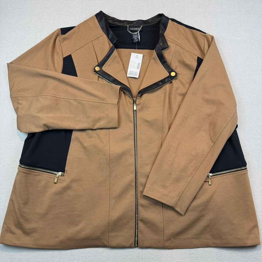 Catherines 4X Moto Jacket Women Tan Black Faux Leather Trim Full Zip NWT